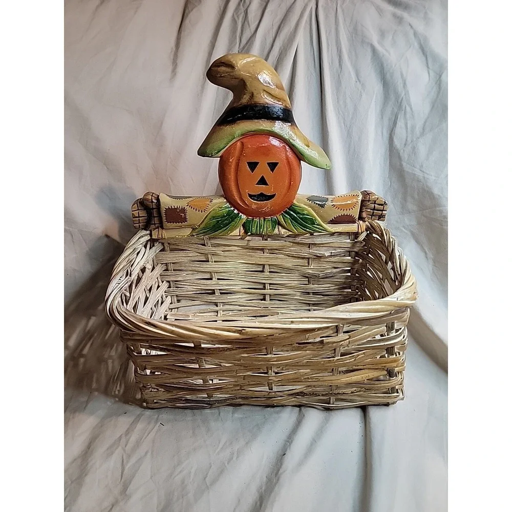 Pumpkin Basket Wood‎ and Woven Wicker Scarecrow Pumpkin Fall Autumn Decor 12